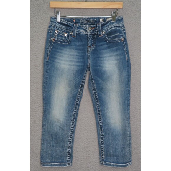 Miss Me Capri Jeans 26 Blue Embellished Bling Pockets Mid Rise Cuffed Denim - Picture 4 of 14